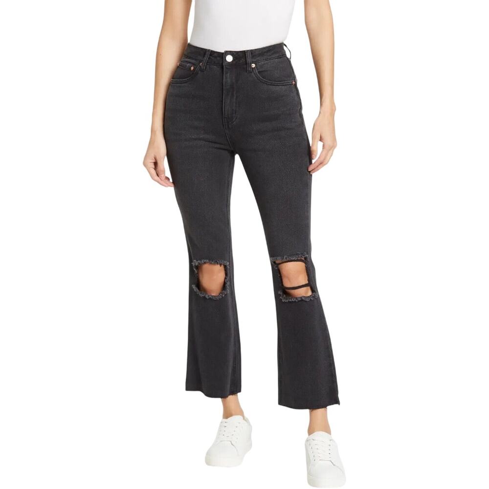 Avec Les Filles Black Distressed High Rise Jeans 31 New Straight Leg Cropped NWT